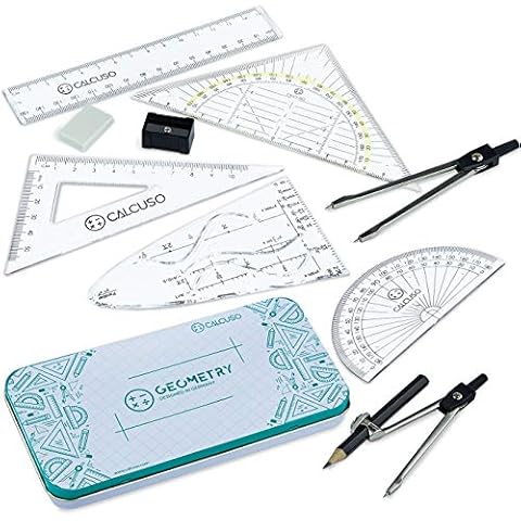 CALCUSO Zirkel Set Geometrieset 12-Teilig mit Zirkel, Geodreieck, Parabel, Bleistift, Radierer und Spitzer in Stabiler Metallbox - praktisches Mathematik-Set Cover