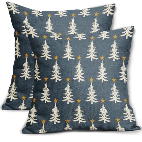 Grey Blue Christmas Pillow Covers 24x24 Set of 2 Xmas Tree Star Rustic Winter Print Decorative Outdoor Pillowcases Farmhouse Vintage Holiday Decorations Throw Cushion Case Decor for Couch Sofa Bed
