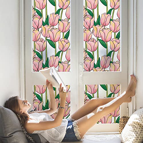 Dktie Window Privacy Film Static Cling Tulip Flowers Window Sticker Bathroom Glass Window Decals Non Adhesive For Home Windows (151, 17.7 X 78.7 Inches) #TOP4