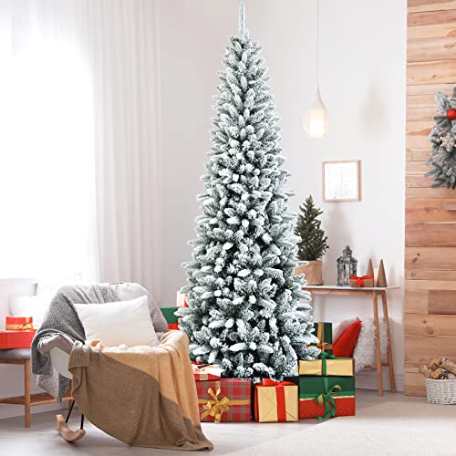 Happygrill 7.5Ft Snow Flocked Pencil Christmas Tree Hinged Slim Artificial Xmas Tree With 1189 Branch Tips, Metal Stand, Skinny Realistic Christmas Tree For Festival Celebration #TOP2