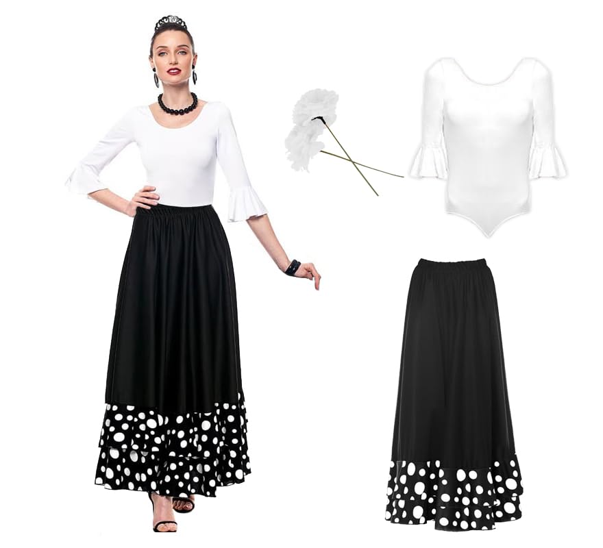 ZZ DISFRAZZES | Disfraz Sevillana Mujer, Kid Flamenca Blanco y Negro con accesorios – Vestido Sevillana, Disfraz Feria de Abril, Carnaval y Fiestas Temáticas (Talla XL)