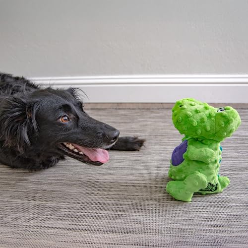 Image of goDog Dinos T-Rex Squeaky Plush Dog Toy with Chew Guard Technology, Durable Fabric & Squeaker for Active Play, Green, Large