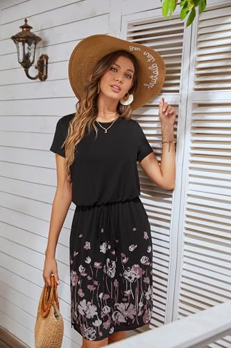 Image of Simier Fariry Womens Summer Hide Belly Knee Length Travel Dress Pocket Short Sleeve Midi Work Casual Outfits