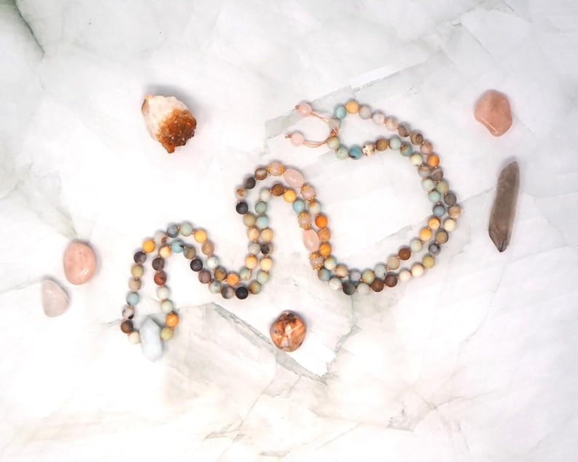Natural Amazonite & Rose Quartz 108+1 Beads Handmade Prayer Mala Necklace