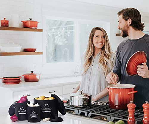 Theo&Cleo Set di Contenitori per Patate, Vaso per Patate in Stile Retrò Vaso da Cipolle, Grande Contenitore per Alimenti in Metallo Smaltato, per la Conservazione in Cucina, Nero - immagine 6