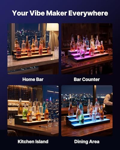 Image of VEVOR LED Lighted Liquor Bottle Display, 3 Tiers 30 inches, Acrylic Illuminated Home Bar Shelf Display with RF Remote & App Control, DIY Setup with Type-C Cables, 9 Static Colors, for 21-30 Bottles