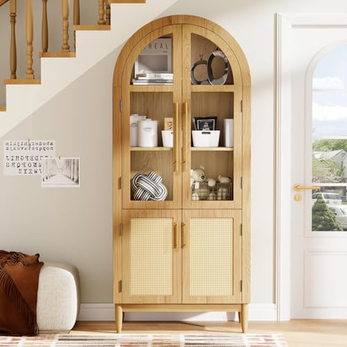 Image of 71 inch Tall Arched Pantry Cabinet with Glass Doors, 5-Tier Modern Kitchen Storage Cabinet, 3 Adjustable Shelves Wooden Pantry Storage Cabinet for Kitchen, Dining Room, Living Room, Oak
