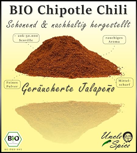 UNCLE SPICE® BIO Chipotle Chili Pulver - 100g BIO CHIPOTLE Chilipulver, Chilis gemahlen in Premiumqualität, mittelscharfe Chilischoten, würzig-rauchiger Genuss, Jalapeno Chili geräuchert, DE-ÖKO-005