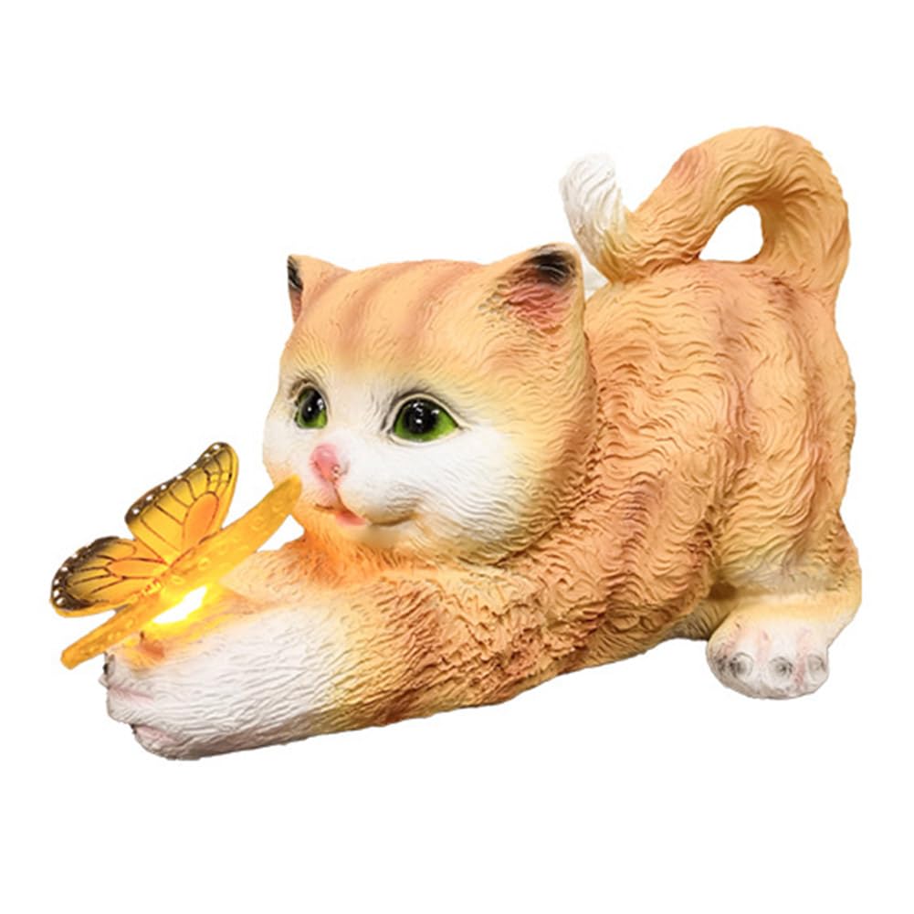 Cat Solar Garden Statue Solar Lights Cat Statue Sculpture Housewarming Gift Solar Cat Statues with Illuminated Butterfly Lawn Art Decoration for Mom Grandma for Yard Patio