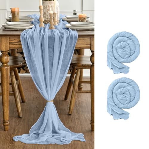 Artoid Mode Lot de 2 Chemins de Table Gaze Mousseline Bohême Bleu Glacier 300 cm, Décoration de...