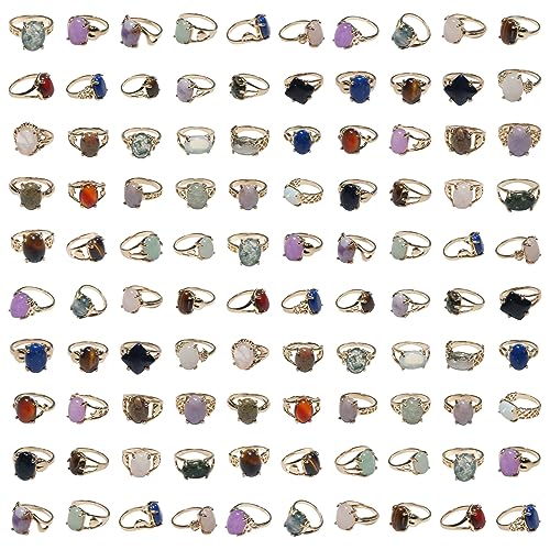 100 Pack of Rings Wholesale for Boutique Items for Resale Bulk Crystal Rings Jewelry Clearance Anillos De Piedras Naturales (Gold 100PCS Pack/Box) (100PCS Gold)