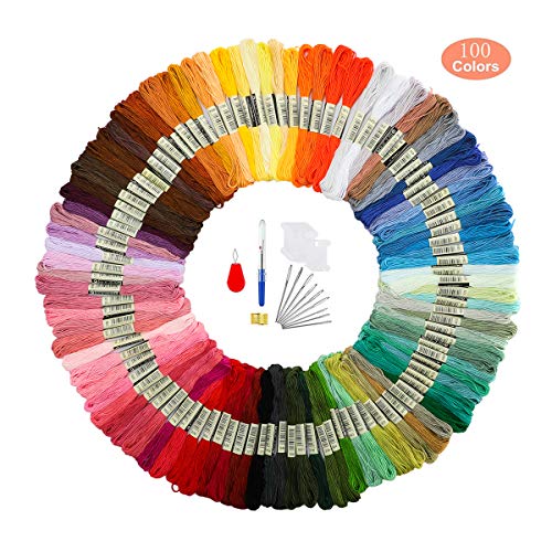 Aoweika 100 Skeins Embroidery Threads, Cross Stitch Threads, Embroidery Floss with Embroidery Needles, bobbins, Thread Remover, Threader and Thimble, Suitable for Beginners for DIY Craft Project