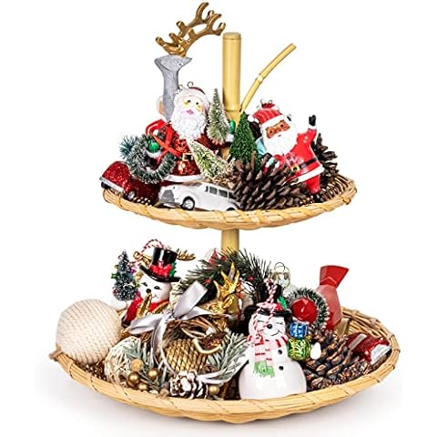 Realyoo Tiered Tray Wooden Rattan Woven 2 Tier Decorative Tray, Tiered Serving Tray, Hand Woven Round Tier Platter Home Decor Tray for Fruits Cakes Desserts Snack Candy Display Tier Tray Stand Cover