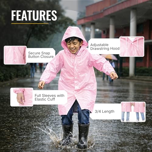 Image of Robustt Kids Eva Raincoat for Boys & Girls (8-16 Years) with Full Sleeves with Elastic Cuff | Unisex Hooded Kids Rain Coat with Drawstring | Reusable Raincoat with Snap Button Closure | Knee Length