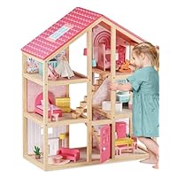 Tiny Land Wooden Dollhouse for Girls - 6 Rooms Wooden Doll House, DIY Pretend Doll House with 31Pcs Furniture Accessories, Creative Gift for Girl Ages 3+
