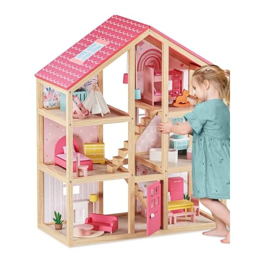 Tiny Land Wooden Dollhouse for Girls - 6 Rooms Wooden Doll House, DIY Pretend Dream House with 30Pcs Furniture Accessories, Gift for Girl Ages 3+