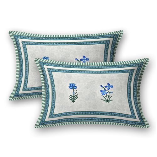 Image of BLOCKS OF INDIA Hand Block Printed 200 TC Cotton King Size Bedsheet (Blue Green Flower)