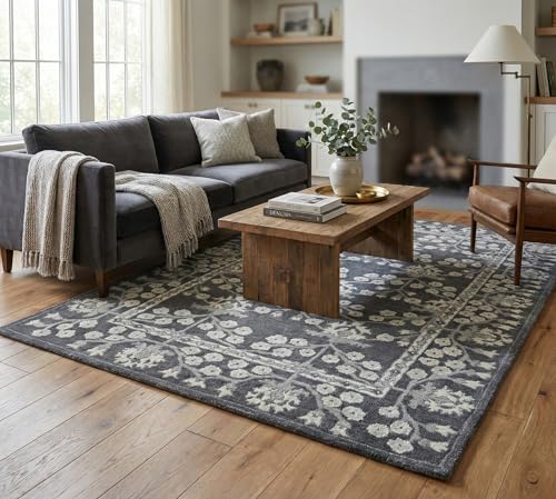 Image of Restoration and Renovation Kanneddy Hand-Tufted Wool Area Rug (Charcoal, 4x6 ft) - Traditional Floral Vine Pattern, Soft Plush Pile - Classic Living Room, Bedroom, Dining Room & Home Decor