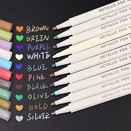 Metallic Marker Pens, Set of 10 Assorted Colours Metallic Markers for Black Paper, Card Making, DIY Photo Album, Metallic Paint Pen for Halloween Pumpkin, Art Rock Painting, Fine Tip Metallic Pens