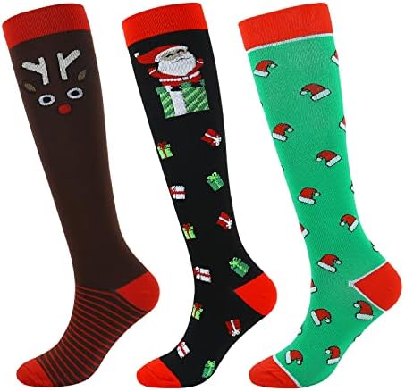 Christmas Compression Socks for Women 20-30 mmhg Knee High Funny Socks for Support Circulation Nurse Pregnancy Sports Running Travel Flight Black Red Green