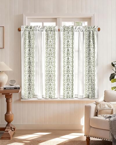 Image of Miss Adola Boho Kitchen Curtains - 45 Inch Length Linen Blend Green Floral Cafe Curtains Farmhouse Tier Curtain Short Drapes Rod Pocket for Bathroom Living Room Windows Light Filtering, 2 Panels