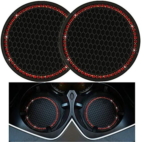2PCS Universal Bling Car Cup Coaster,Rhinestone Car Accessories 2.75 inch Car Cup Holder Insert Mat Pad Set,Suitable for Most Car Interior (Red)