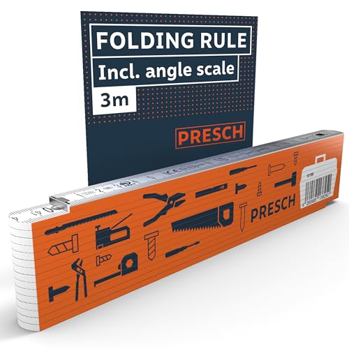Presch Folding Rule 3m with Angle Scale - Wood - Orange - Foldable - Large & Highly legible Numbers - Precise snapping - Meter Stick, metre Stick, Carpenters Rule, Joiners Rule with Tool Pattern