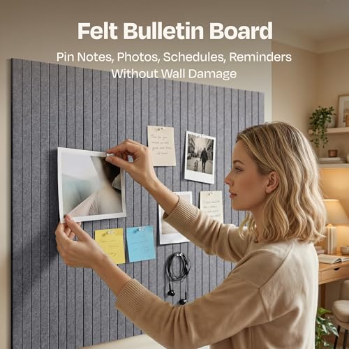 Image of X-Large Cork Board Alternative 12-Pack Felt Bulletin Board Thick and Decorative Pin Board for Home Office Walls 47.24 x 35.43 Inches with 72 Adhesive Tabs - [Pebble Gray]