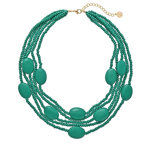 Coiris Bead Necklace for Women 5 Layers Strand Wooden Choker Necklaces for Women Chunky Statement Ethnic Bead Layered Bib Collar Necklace Hip Hop Jewelry (N0019-Teal Green)