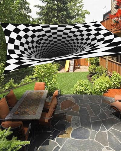 Sun Shade Sail 14'x18', 3D Optical Illusion Rectangle UV Block Outdoor Canopy Shades, Black White Checkered Gingham Plaid Vortex Fabric Porch Shades Cloth Sunshade Covers for Patio/Backyard/Garden