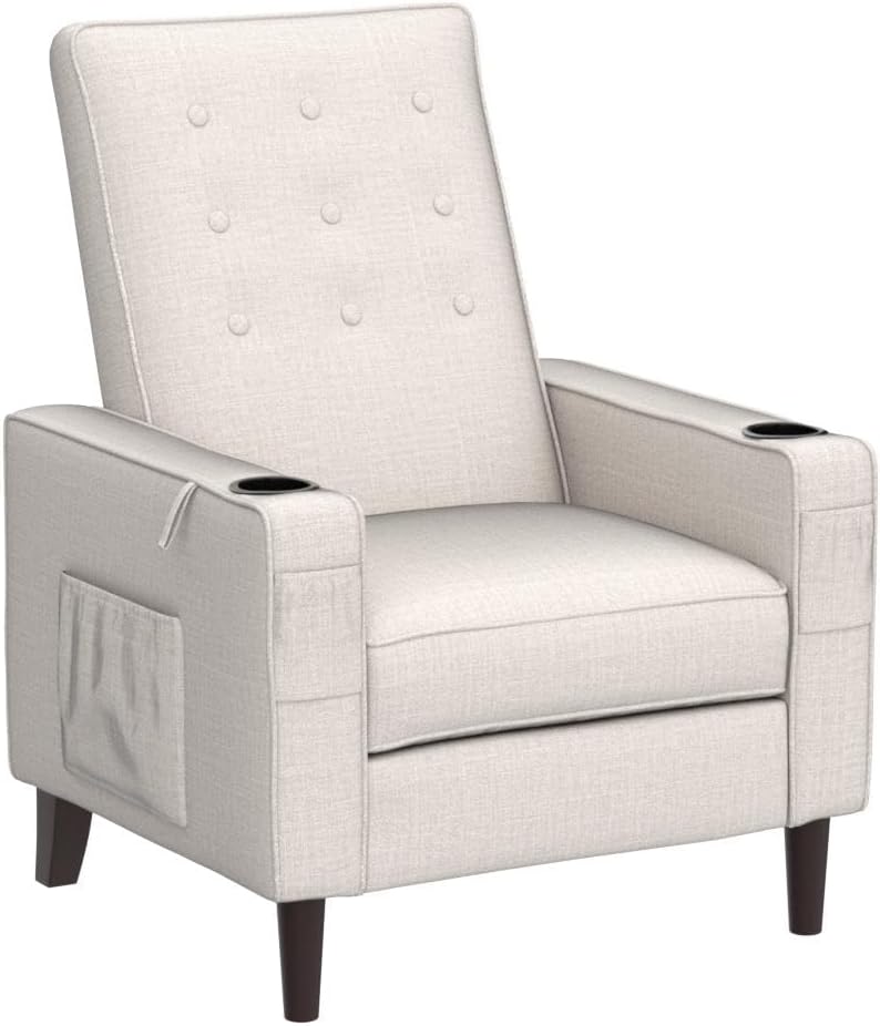 Push Back Recliner Mid-Century Modern Accent Chair Reading Chair Tufted Fabric Arm Chair for Living Room w/Heat Massage/Side Pockets Easy to Assemble(1 PC, Beige)