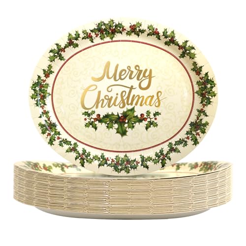 ceiba tree Christmas Holly Oval Plates Vintage Christmas Party Paper Plates Disposable Holiday Party Supplies