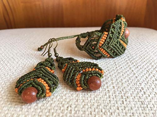 Conjunto pulsera y pendientes hechos a mano con hilo encerado y aventurina piedra del sol