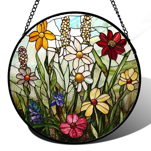 DASTOLL Stained Glass Window Hanging Colorful Wildflowers Plant Scenery Suncatcher for Doors Window Home White Green Sun Catchers Decor Mothers Day Birthday Gifts for Women Men Mom 7.8 in