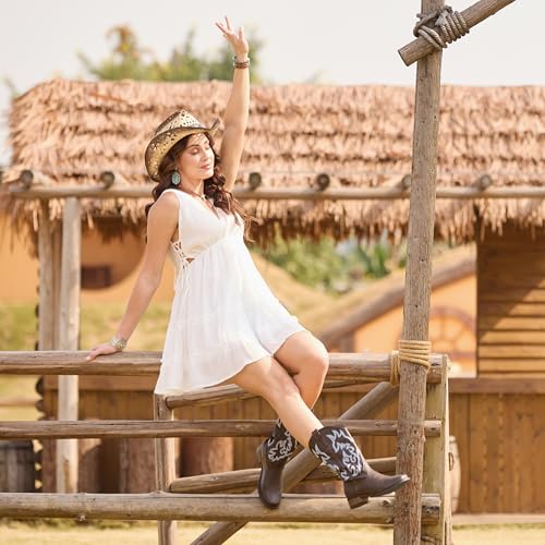 Image of IUV Cowboy Boots For Women Square Toe Wide Mid Calf Western Pull On Suede Fashion Black Brown Cowgirl Boots