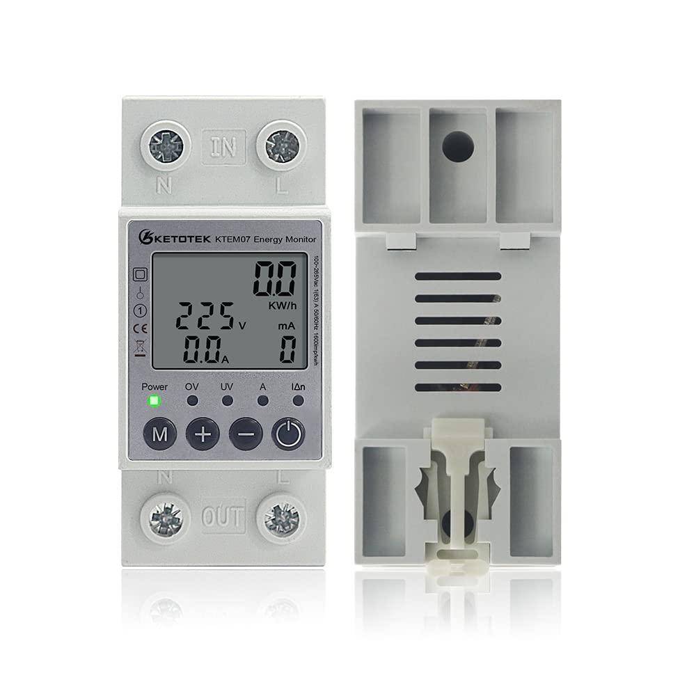 KETOTEK Medidor de Consumo Electrico Monofasico Contador Electrico Carril Din Voltímetro Amperímetro KWh Meter con Protección Contra Sobrecarga