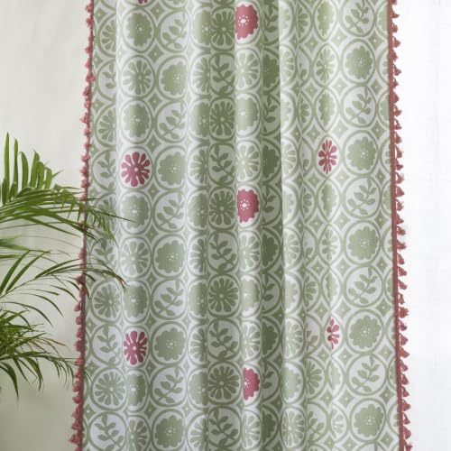 Image of Tranquebar Curtain Co. 244 cm (8 Feet), Green & Pink, 1 Piece, 100% Cotton Fabric, Eyelet- Door Curtain 8 Feet,Eyelets