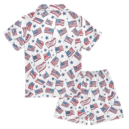 ALAZA Cartoon American Flag Star Striped Satin Pajamas Set Short Sleeve Button Down Sleepwear Summer Pjs 2 Piece2