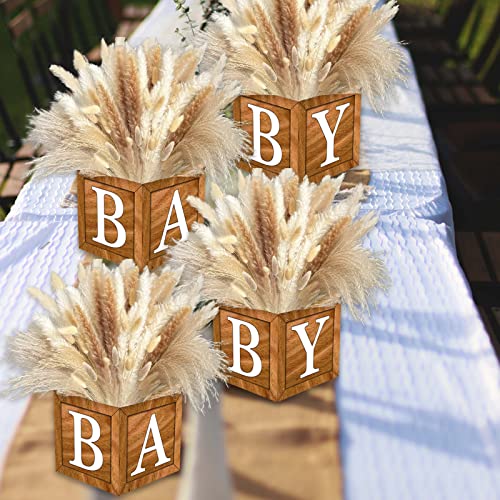 4 Wood Grain Baby Centerpiece Brown Flower Boxes Party Arrangement Favor Block Holder Baby Shower Gender Reveal Table Display With Letters Boy Girl Birthday Baby Shower Decorations Without Flowers #TOP1