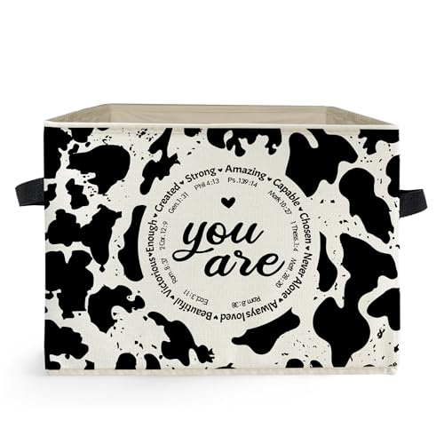 Ghoaoivo Christian Cow Print Storage Box Bins You Are Inspirational Bible Verse Religious Collapsible Storage Basket Organizer for Bedroom Bathroom Home Clothes Books Decor for Room