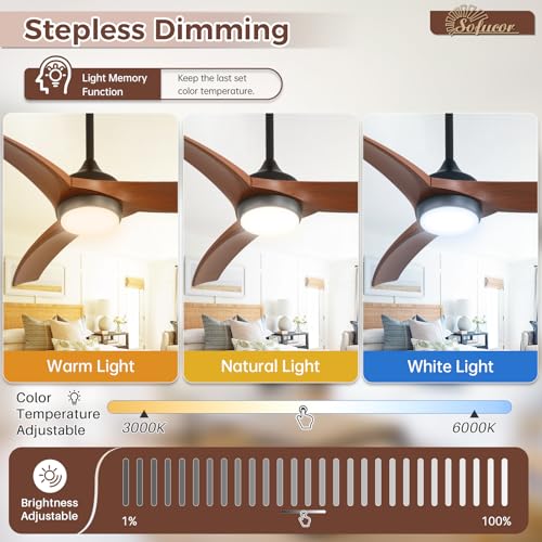 Image of Sofucor 52 Inch Smart Modern Ceiling Fan with Light, Brown 3 ABS Blades | Alexa /Google Assistant /APP /Remote Control, Reversible DC Motor, Timer, 6 Speeds 3CCT for Living Room Bedroom Patio Farmhouse