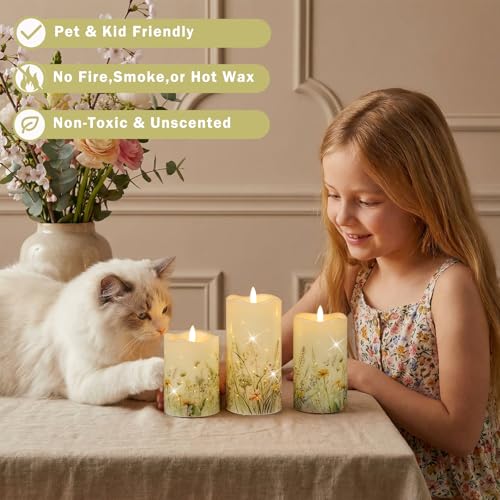 Image of Flameless Candles, Battery Operated Floral Candles with Remote, Fiber Optic Flameless Pillar Candles Set of 3 for Spring Decorations Indoor