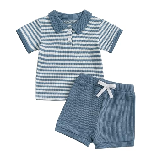 Image of Kuriozud Newborn Baby Boy Summer Clothes Button Short Sleeve Romper Bodysuit Shorts Set Infant Soft Waffle Outfit