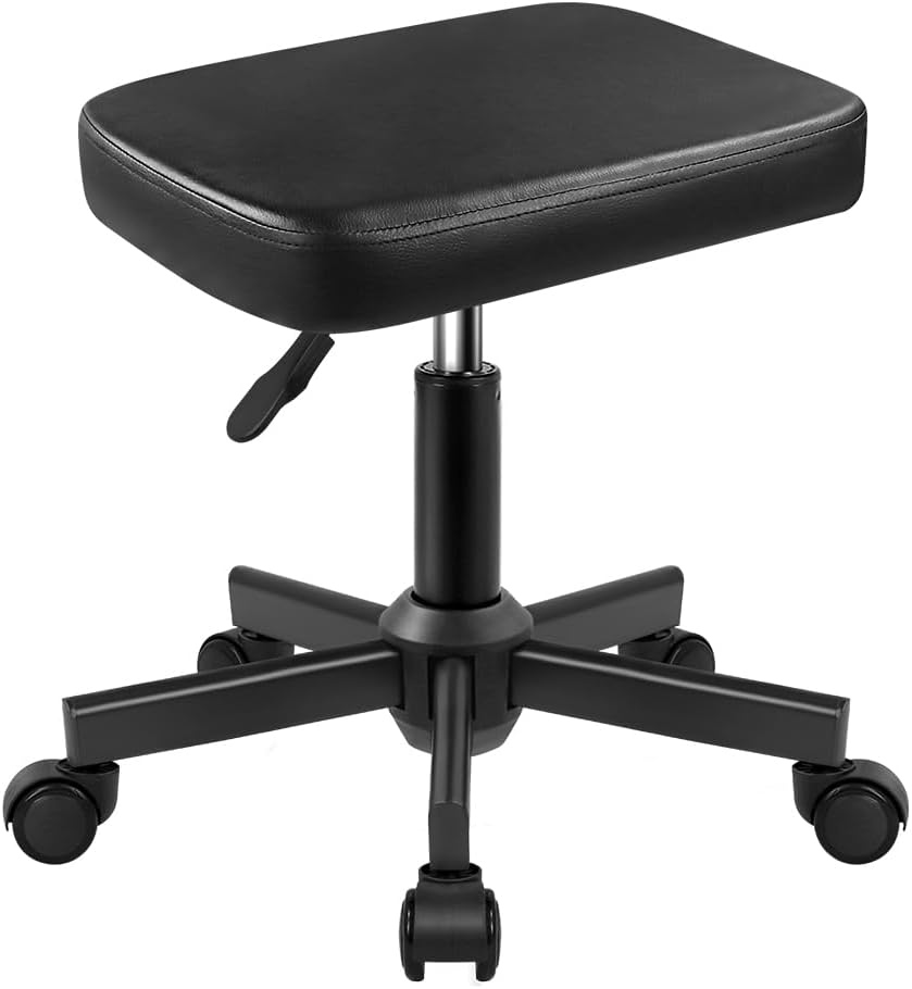 WKWKER Rolling Stool Height Adjustable 360° Swivel Stool with Wheels Square Seat PU Leather Rolling Stool for Bedroom Counter Shop Salon Massage Home Office Desk (Black)