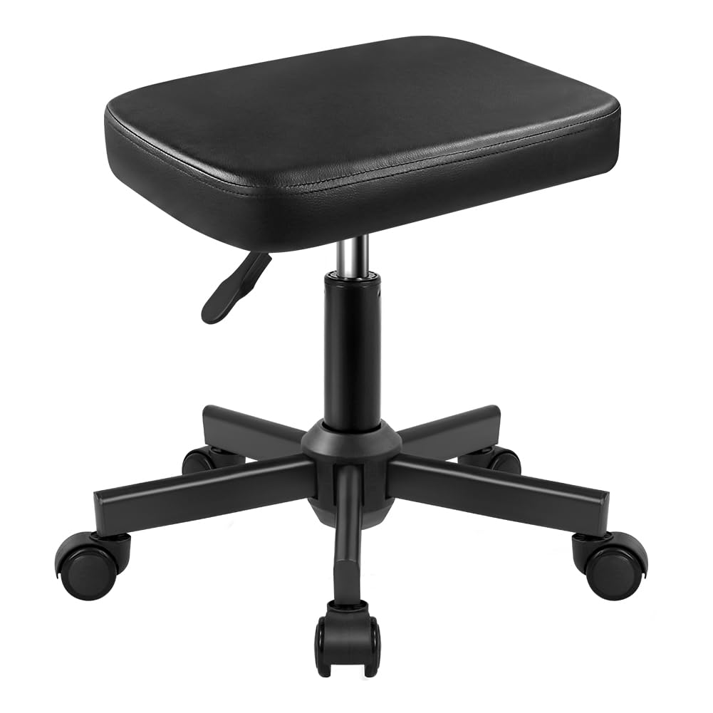 WKWKER Rolling Stool Height Adjustable 360° Swivel Stool with Wheels Square Seat PU Leather Rolling Stool for Bedroom Counter Shop Salon Massage Home