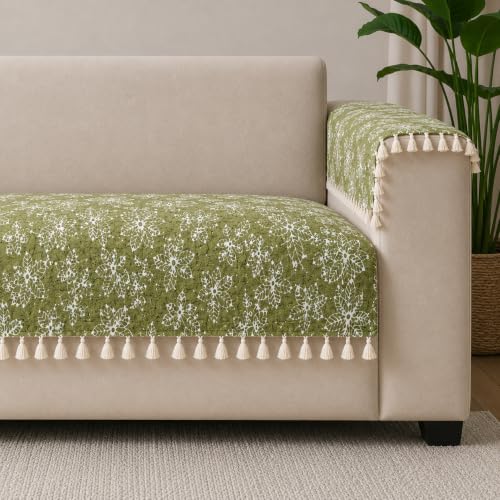 Image of STITCHNEST Woven Fabric Sofa Cover 3 Seater with 2 Hand Rest Covers - Washable Green Sofa Cover with Tassels - Durable Premium Fabric - Stylish Sofa Protector for Living Room & Furniture Decor