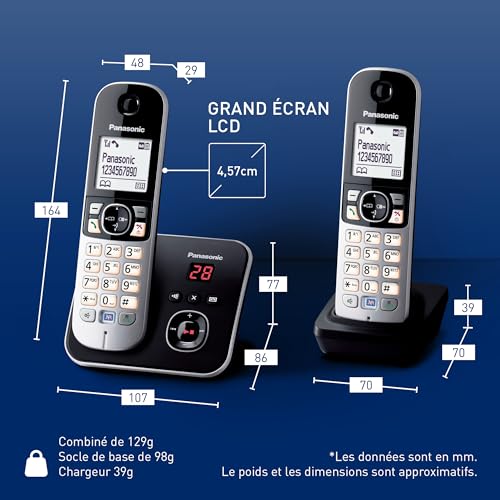 Panasonic Duo KX-TG6822FRB Téléphone Numérique sans fil DECT avec Répondeur Wi-Fi Noir