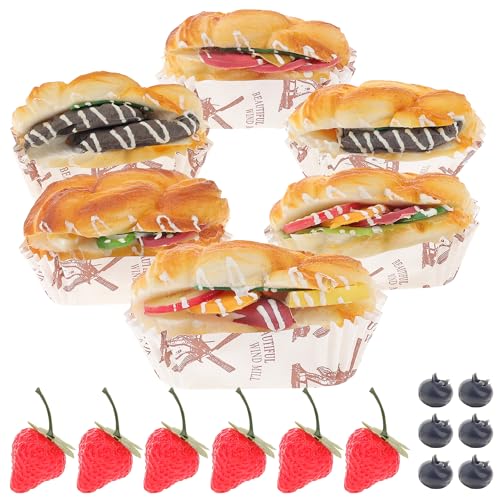 Woration 18pcs Fake Sandwich Breads Fruit Set Artificial Blueberries Strawberries Simulated Dessert Faux Model Props Kitchen Boulangerie Display