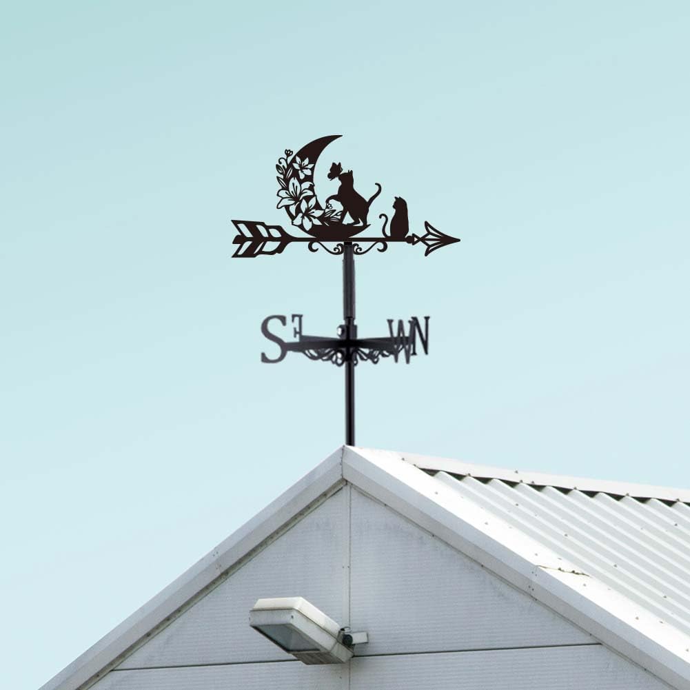 SUPERDANT Cat and Moon Weather Vane Cat Flowers Metal Weathervane Black Weathercock Garden Art Decor Roof Wind Vanes Decorative Wind Direction for Yard Farmhouse Sheds Patio Outdoor Decoration