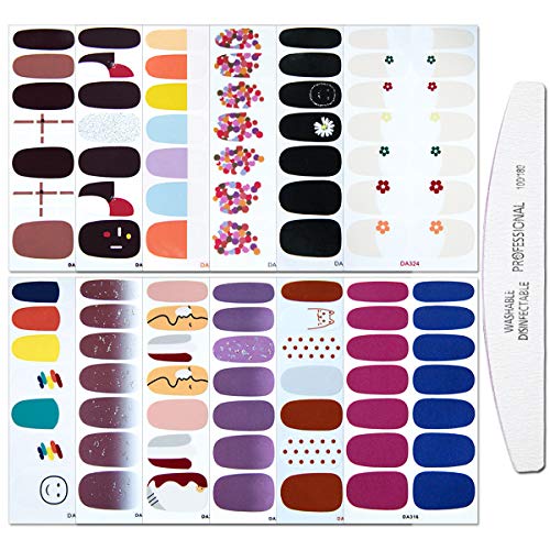 WOKOTO 12 Sheets Adhesive Nail Polish Wrap Stickers Strips With 1Pc Nail File Rainbow Design Nail Art Decals Manicure Kit For Women